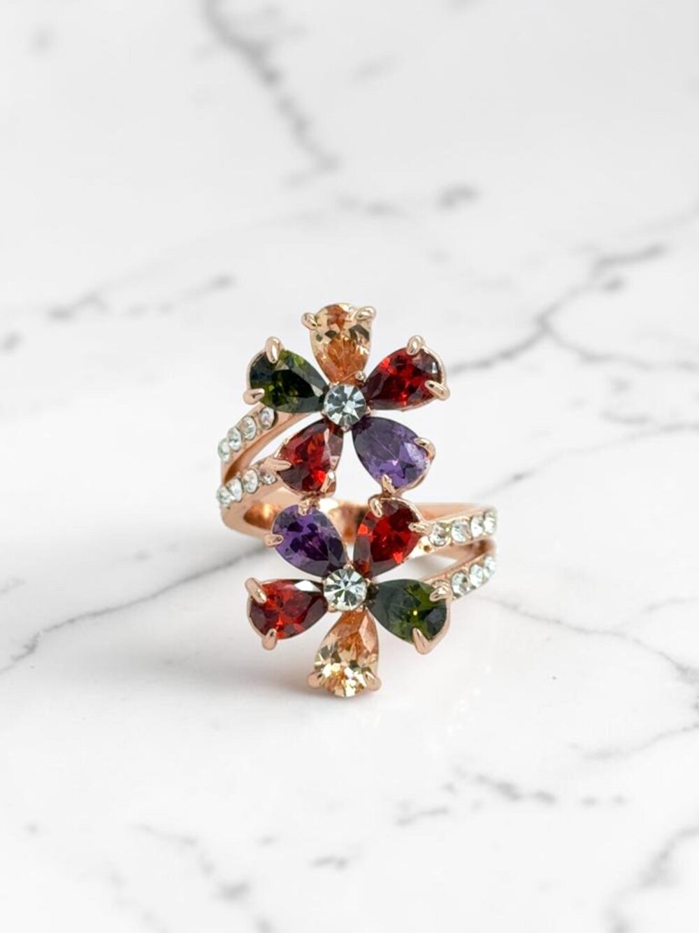 Rainbow CZ Double Flower Ring